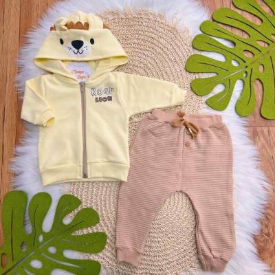  Conj. Jaqueta de Moletom Roar Lion e Calça Canelada - Amarelo e Areia